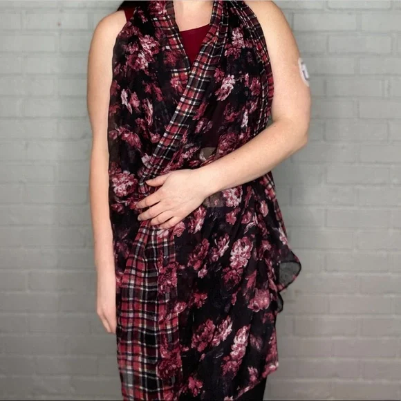 Oversize Floral Black and Red Scarf Wrap Extra Long - Picture 3 of 10